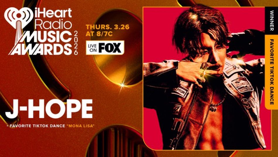 sugamihoney's tweet photo. — ES OFICIAL, "MONALISA" de #JHOPE ha ganado la categoría "Favorite TikTok Dance" en los iHeart Radio Awards 2026 😭🔥

CONGRATULATIONS J-HOPE
#iHeartRadioAwards2026 https://t.co/2GVGGYW4Kf