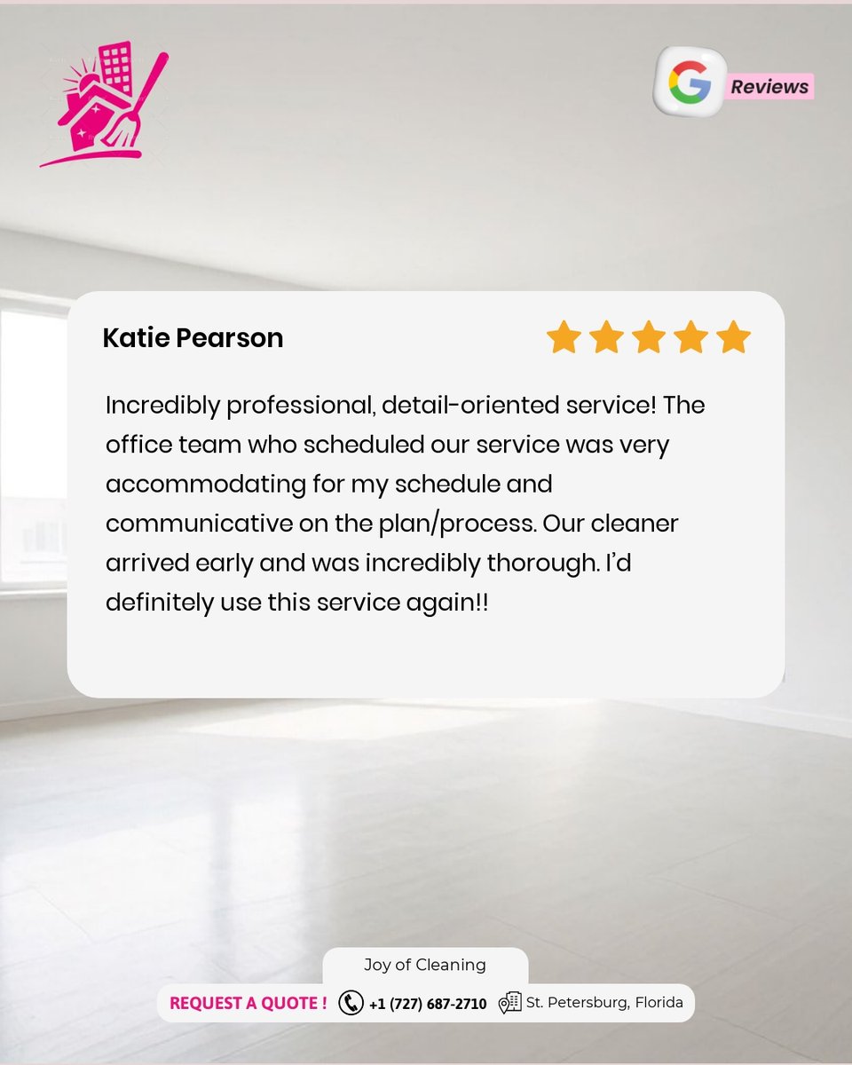 joy_of_cleaning's tweet image. Detail-Oriented Cleaning That Shines!

Our team arrived early and tackled every detail with care! Scheduling was a breeze, and the results speak for themselves. Ready for your spotless space?

#CleanHomeVibes #SparklingSpaces #GoogleReviews #residentialcleaning