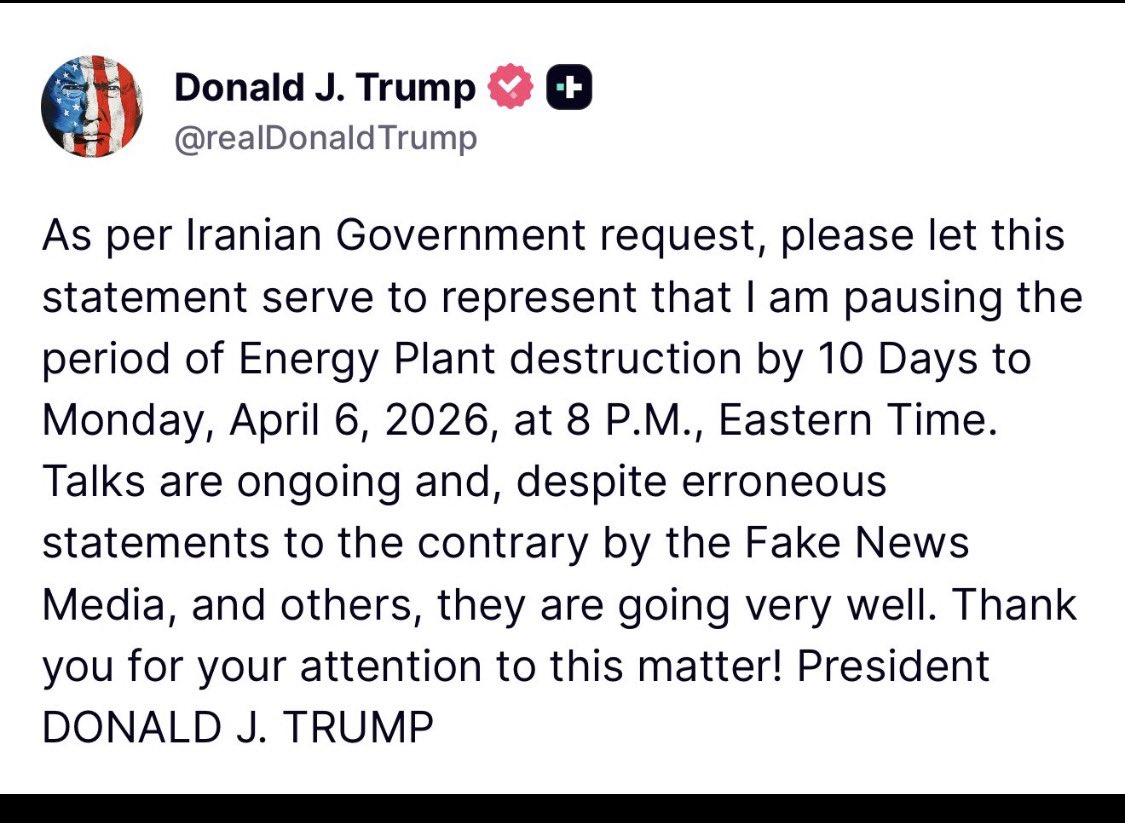 President Trump <a href="/POTUS/">President Donald J. Trump</a> extends deadline by 10 days to attack Iranian energy plants, saying “talks are going very well”..