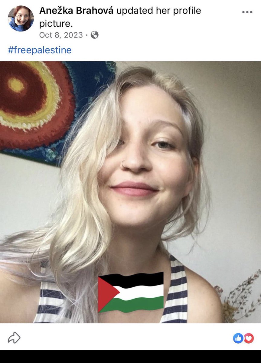 İkinci kahramanımız Anezka Brahova…. 

7 Ekim sonrası “Özgür Filistin” yazarak Filistin bayraklı fotoğrafını paylaşmış.