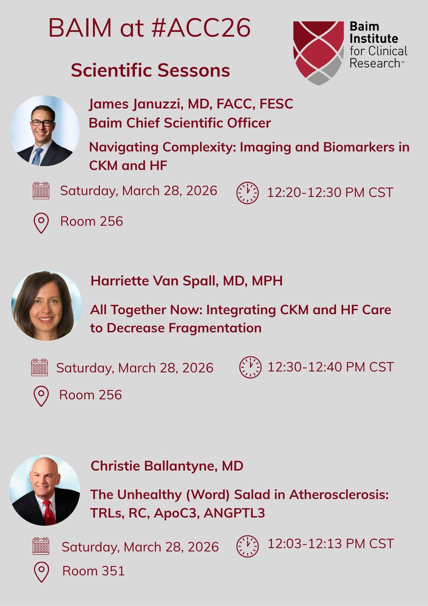 CMichaelGibson's tweet image. Reminder! Don't miss Baim CSO, Dr. James Januzzi, and Baim faculty, @hvanspall, @CBallantyneMD, @DrMarthaGulati, and @SVRaoMD presenting at the Scientific Sessions at #ACC26, today! 

#BaimInstitute #ClinicalResearch #Cardiology