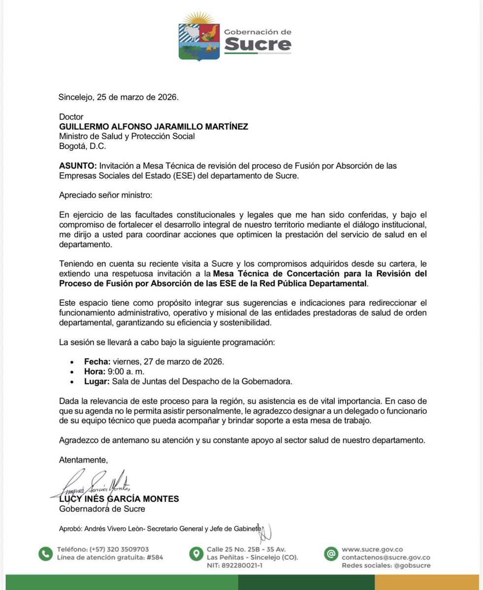 LucyGobernadora's tweet photo. Respetado ministro @GA_Jaramillo, me permito reiterar nuestra invitación a la mesa de trabajo de mañana viernes 27 de marzo en las instalaciones de @GobSucre, a las 9 am, para avanzar en el plan de trabajo que permita poner fin a la fusión, de acuerdo con su anuncio de asumir las deudas que dieron origen a este proceso. ¡Estoy lista ministro!