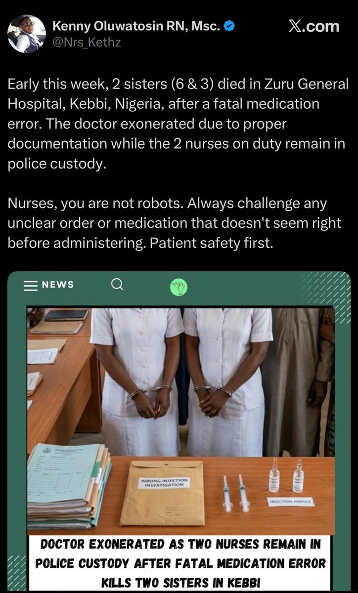 <a href="/Nrs_Kethz/">Kenny Oluwatosin RN, Msc.</a>

This is an intentionally misleading tweet.

I read the article:
The Doctor prescribed the right doses.
The Nurses administered the wrong doses.

So, wtf are you saying?

What do you gain from often fueling conflict between Doctors and Nurses?

Just engagement farming?