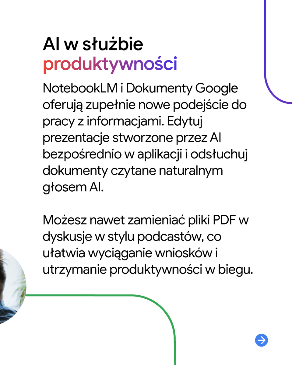 GoogleCloud_PL's tweet photo. AI trafia do naszych codziennych narzędzi. Nowości w NotebookLM i Dokumentach Google wynoszą pracę na wyższy poziom: od wygodnej edycji prezentacji stworzonych z pomocą AI, aż po przekształcanie prostych dokumentów w angażujące formaty audio. https://t.co/OTmYhwkg4i