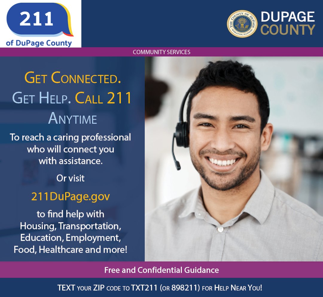 DuPageCountyCS's tweet image. Need help and not sure where to start? Call 211 to find resources and programs nearby for food, housing, veteran support and caregiver assistance. The helpline provides free, confidential assistance. Or visit 211dupage.gov. 💻

#DuPageCounty #Team211 #humanservices