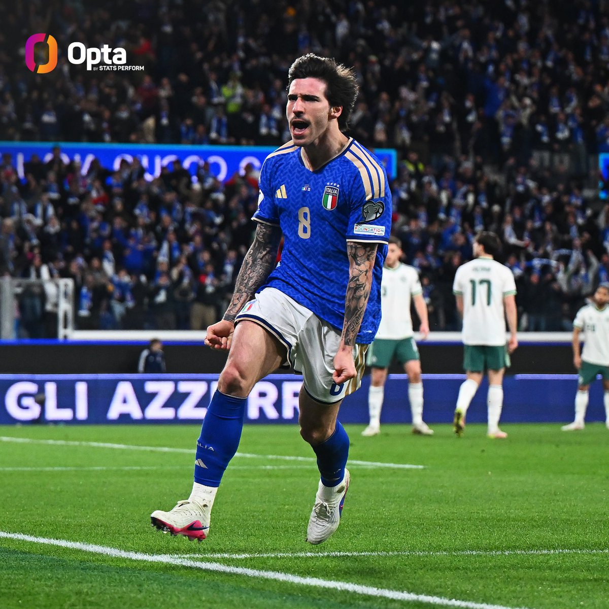 4 - Dal suo primo gol con l'Italia (il 14 novembre 2024 contro il Belgio), Sandro #Tonali è il centrocampista che ha segnato più reti con gli Azzurri (4). Motore.

#ItaliaIrlandaDelNord