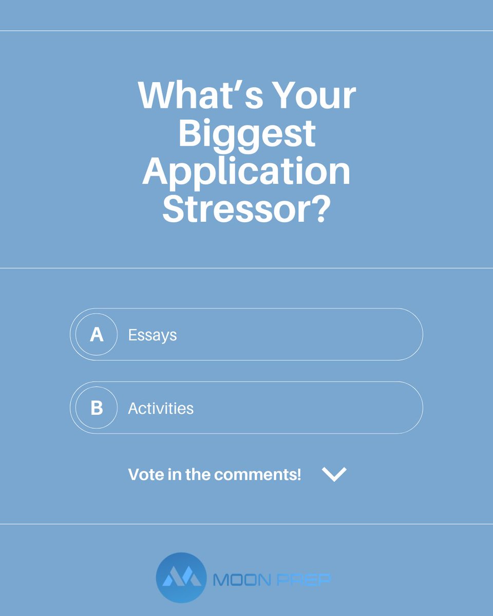moon_prep's tweet photo. Biggest stress: Essays or Activities?
Both are fixable with the right strategy.
Comment your answer or DM us for guidance. https://t.co/Cua4o3eB3X