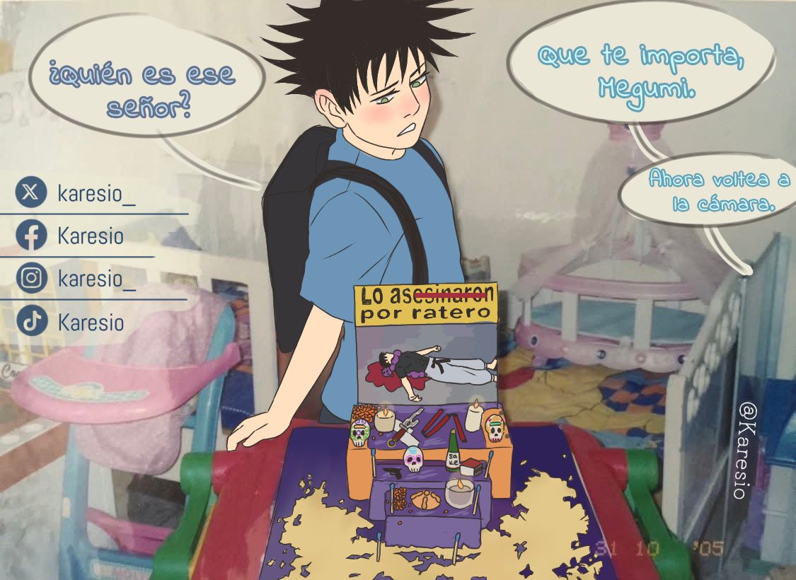 Karesio_'s tweet photo. CURI KAISEN
‘’Los niños tienen que llevar un altar de mu£rtos  el fin de semana’’

-Mi papá siendo padre soltero en corto:

(Tuvo que sacar al Megumin del kinder pq la maestra le quiso echar a los de protección infantil jajsjajja)

#Gojo #Toji #MegumiFushiguro #JujutsuKaisen #JJK https://t.co/7qISxb6uxz