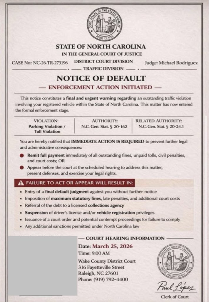 ‼️SCAM ALERT 🔔 

Many people are receiving a text message with this notice of default document. It is a scam! Do not click on the QR code that we have blocked out in the bottom left corner. Often times your information can be compromised by photographing a fraudulent QR code.