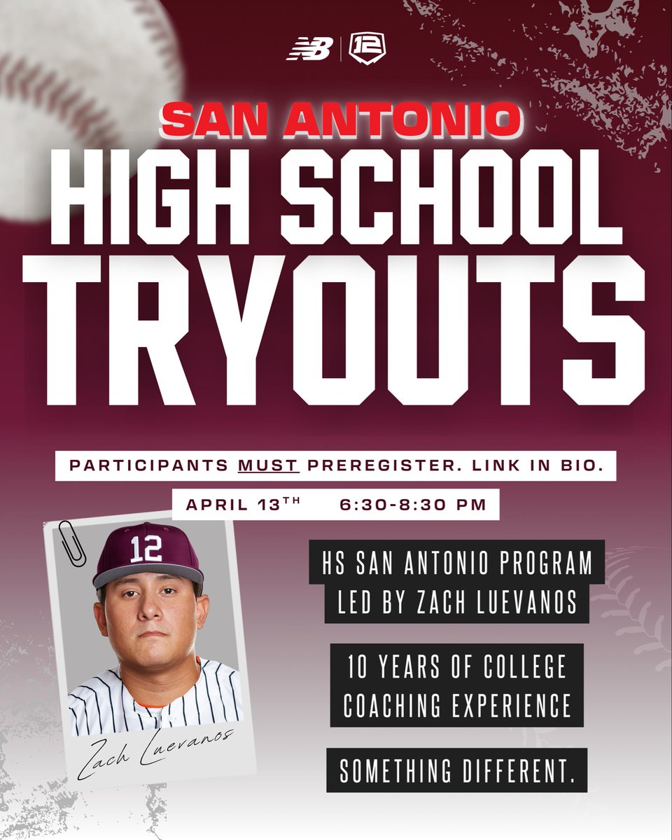 TwelveBaseball's tweet photo. 🔥Want to be part of something different? Sign up TODAY for our San Antonio High School tryouts. 

Led by Zach Luevanos with 10+ years of college coaching experience, our San Antonio branch is truly something different. 

Important Info: 
- You MUST preregister for this tryout.‼️ https://t.co/y3S8xvBWIR