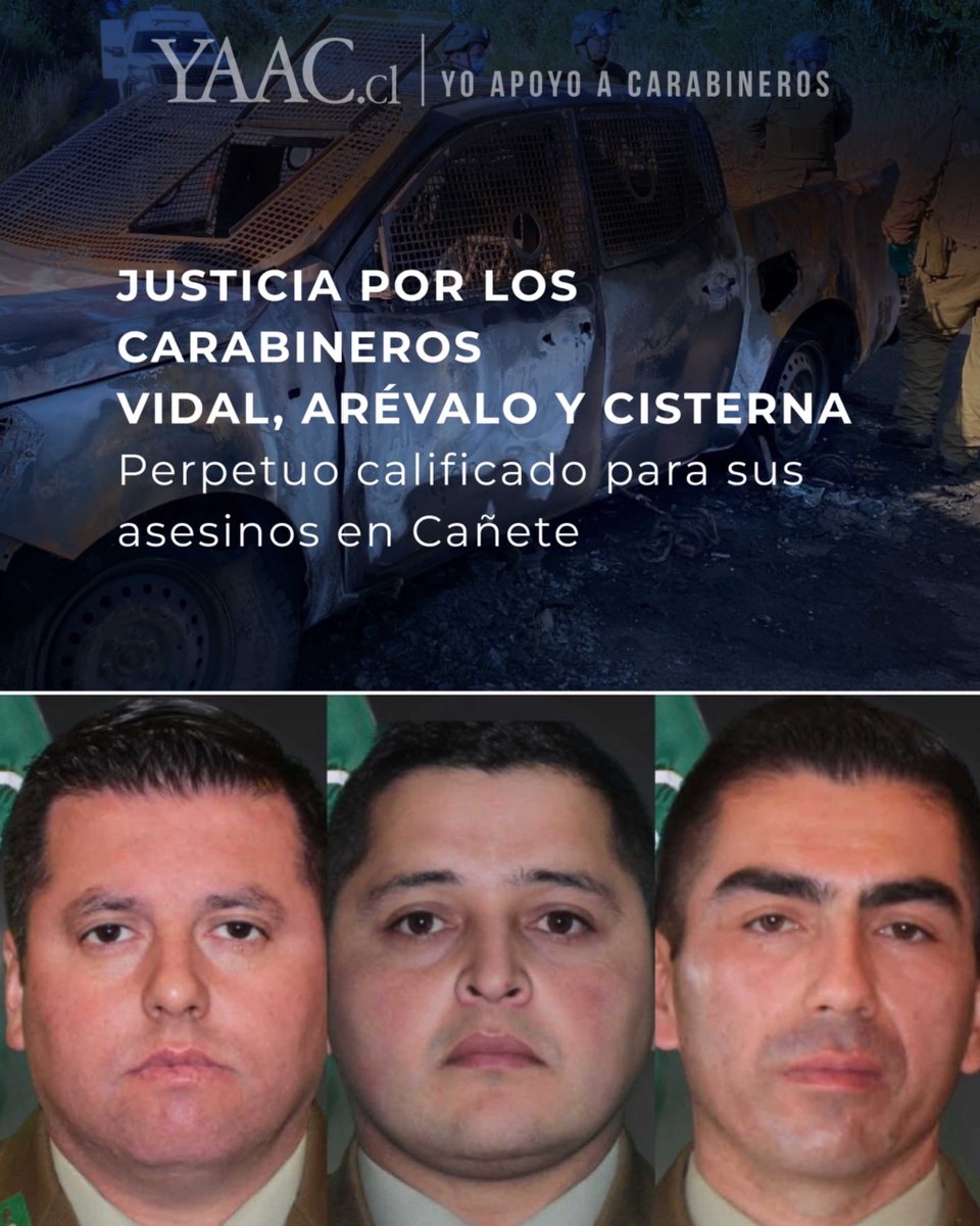 ChileYAAC's tweet photo. La justicia habló.

Los responsables del asesinato de los carabineros en Cañete, fueron condenados a presidio perpetuo calificado.

👉 No podrán optar a libertad antes de 40 años.

#Seguridad #Carabineros #YAAC #YoApoyoACarabineros https://t.co/zWQv1FDa96