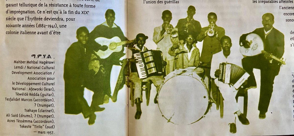 YaredURF's tweet photo. @Yeab_sera21 @JborgGa @mkheirom @GhirmaiNegash @hgdefK @Yes2Now_ @CmaDawit This the inner sleeve of the CD Ethiopiques Vol 5.
Picture  from 1957 off the eritrean cultural group ማ.ም.ሃ.ል.. A 16 year old Tewelde Redda is second from left playing guitar. The one at far right playing Oud is My father Tekeste "Trillo" Goitom more known as a footballer.😎 https://t.co/jCixOhUcB3