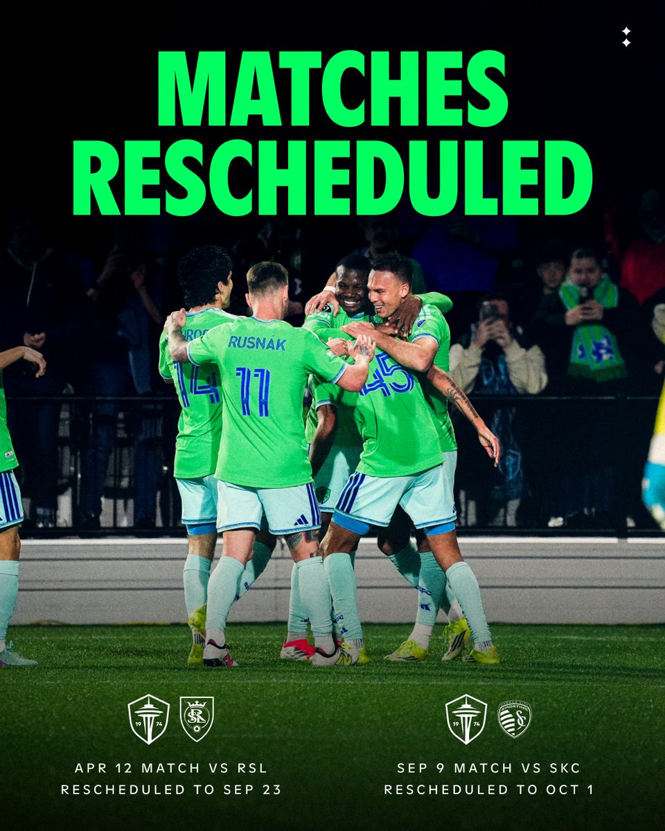 SoundersFC's tweet photo. Schedule Update 🗓️

Two changes to our 2026 schedule:

🏡 v. RSL now 9/23
🏡 v. SKC now 10/1

MORE ➡️ https://t.co/15SgFQ792Y https://t.co/zoqn2TozBh