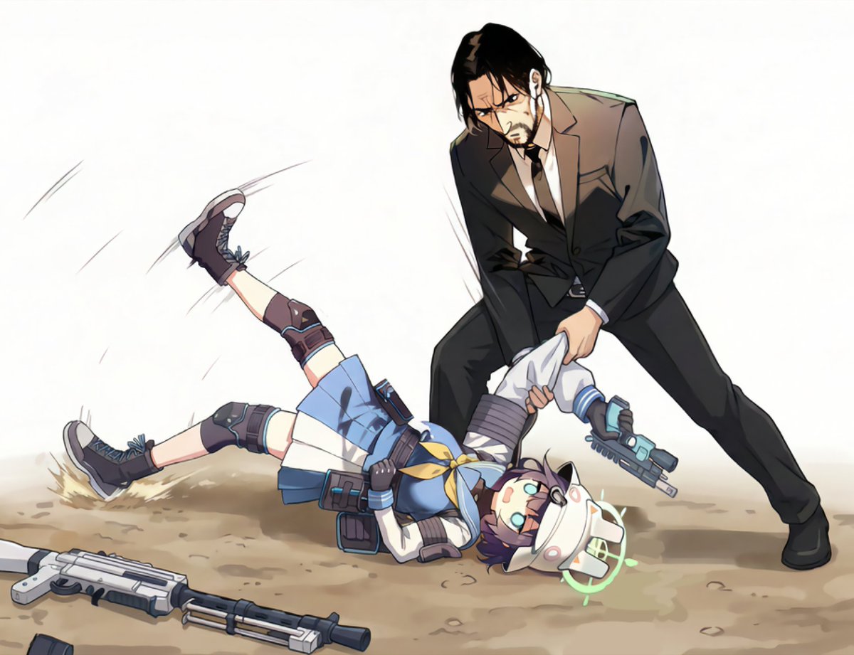 ブルーアーカイブ×ジョン・ウィック
サキ「（こんな戦い方教範にぐわーっ！？）」
ジョン「また、腕をあげたな」
サキ「うう………ジャムって、それで焦って拳銃抜いたのは間違いだったのか……？」

SRT特殊学園のサキは時々先生に稽古をつけてもらっているらしい。都度あざができるがうれしそうだ。