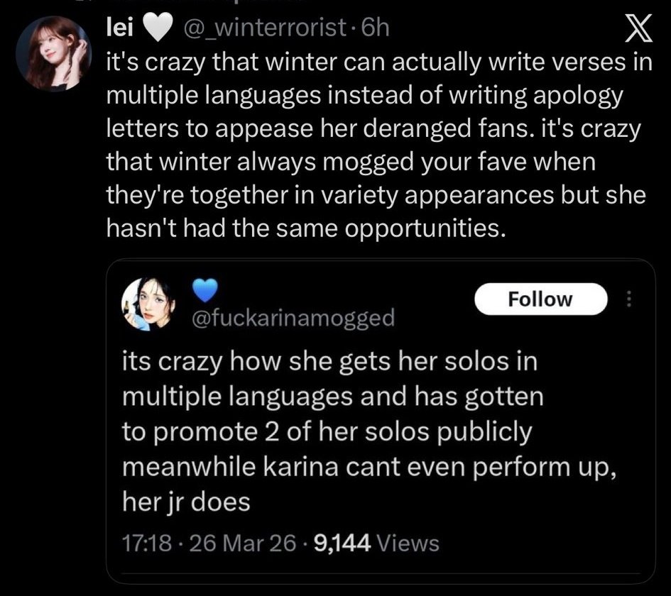 mind you she cant even speak those languages fluently so how tf you genuinely believe she wrote the lyrics unless she uses her fav app chatgpt. mogged in what? cuz it's definitely not facecard and not humor bc when those forced duo gigs happen its karina trending not your khia