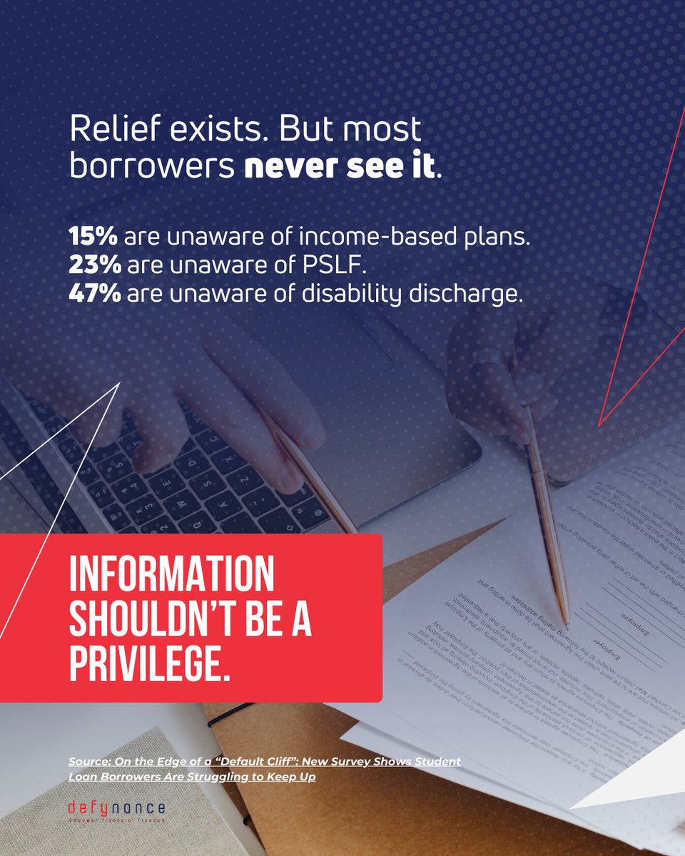defynance's tweet photo. Knowledge is power; but too many borrowers don’t have it:

📌15% have heard nothing at all about income-based plans
📌23% haven’t heard about Public Service Loan Forgiveness
📌47% know nothing about disability discharge options

Lack of awareness makes a hard system even harder. https://t.co/iwGWUKZSuc