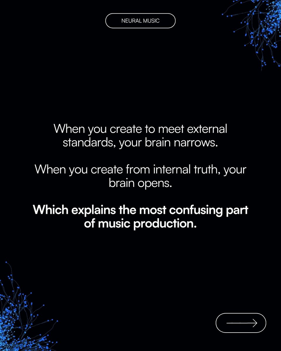 neuralmusic's tweet photo. 5 minutes.

That is all it took to hinder creativity.

This Psychology Fact Explains Exactly Why Creating Externally Does Not Help You Make Better Music.

Not years of bad habits. Not burnout. Not lack of talent.

Five minutes of thinking about what other people would think.

A 1985 study by Harvard psychologist Teresa Amabile found that creators who shifted their focus to external rewards scored significantly lower on creative output. And the damage goes deeper than psychology.

External pressure suppresses your default mode network — the part of your brain responsible for imagination, identity, and original thought.

When you create to fit a trend that does not match your identity, your brain was barely in its most creative state when you made it.

The listener cannot explain why it feels off. But their brain can.

Stop asking: will they like this?

Start asking: does this feel true?

Save this for your next session. Share it with a creator who needs to hear it.

Tune Your Mind.

Comment "Join" and we will give you access to the Free Neural Music Newsletter and PDF

#neuralmusic #musicproduction #musicpsychology #creativemindset #sonicidentity
