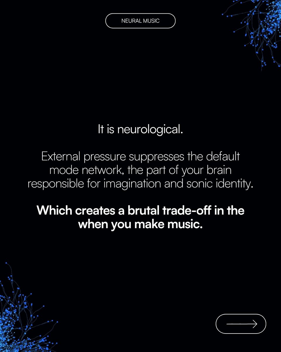 neuralmusic's tweet photo. 5 minutes.

That is all it took to hinder creativity.

This Psychology Fact Explains Exactly Why Creating Externally Does Not Help You Make Better Music.

Not years of bad habits. Not burnout. Not lack of talent.

Five minutes of thinking about what other people would think.

A 1985 study by Harvard psychologist Teresa Amabile found that creators who shifted their focus to external rewards scored significantly lower on creative output. And the damage goes deeper than psychology.

External pressure suppresses your default mode network — the part of your brain responsible for imagination, identity, and original thought.

When you create to fit a trend that does not match your identity, your brain was barely in its most creative state when you made it.

The listener cannot explain why it feels off. But their brain can.

Stop asking: will they like this?

Start asking: does this feel true?

Save this for your next session. Share it with a creator who needs to hear it.

Tune Your Mind.

Comment "Join" and we will give you access to the Free Neural Music Newsletter and PDF

#neuralmusic #musicproduction #musicpsychology #creativemindset #sonicidentity