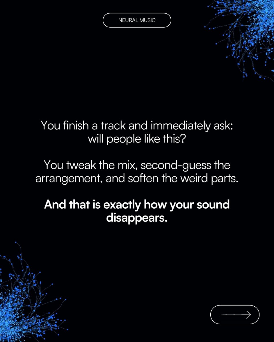 neuralmusic's tweet photo. 5 minutes.

That is all it took to hinder creativity.

This Psychology Fact Explains Exactly Why Creating Externally Does Not Help You Make Better Music.

Not years of bad habits. Not burnout. Not lack of talent.

Five minutes of thinking about what other people would think.

A 1985 study by Harvard psychologist Teresa Amabile found that creators who shifted their focus to external rewards scored significantly lower on creative output. And the damage goes deeper than psychology.

External pressure suppresses your default mode network — the part of your brain responsible for imagination, identity, and original thought.

When you create to fit a trend that does not match your identity, your brain was barely in its most creative state when you made it.

The listener cannot explain why it feels off. But their brain can.

Stop asking: will they like this?

Start asking: does this feel true?

Save this for your next session. Share it with a creator who needs to hear it.

Tune Your Mind.

Comment "Join" and we will give you access to the Free Neural Music Newsletter and PDF

#neuralmusic #musicproduction #musicpsychology #creativemindset #sonicidentity