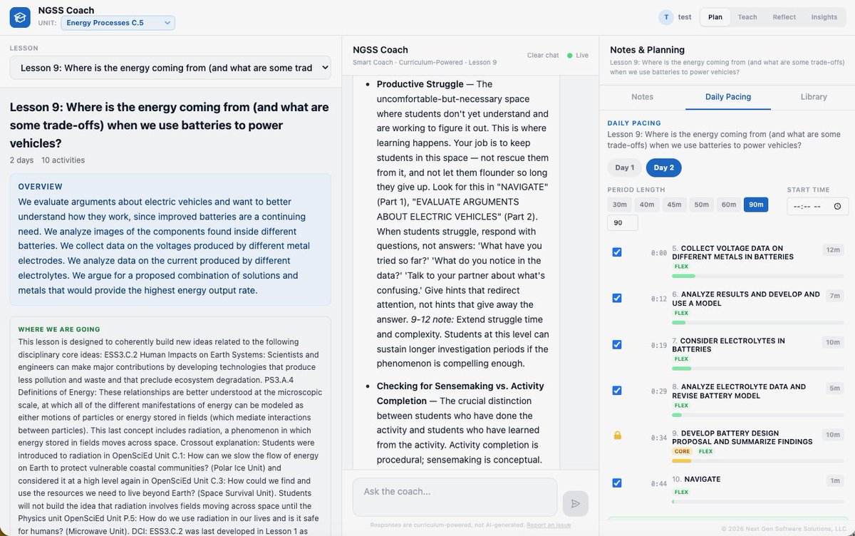 tjscience's tweet image. I built an AI coach for @OpenSciEd teachers. Ask it anything about your curriculum. It knows every lesson, every unit, every standard. Free to use. 13 states in. Try it, share it! ngss-coach-production.up.railway.app   #ngss #ngsschat #scienceed #AI