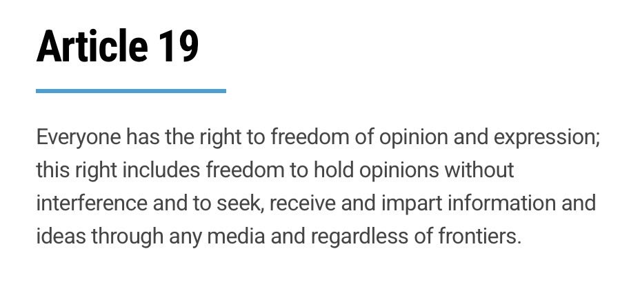 <a href="/MarkJCarney/">Mark Carney</a> The Universal Declaration of Human Rights was announced in 1947 as a result of Nazism. Article 19 was to free expression. Canada just took it away.