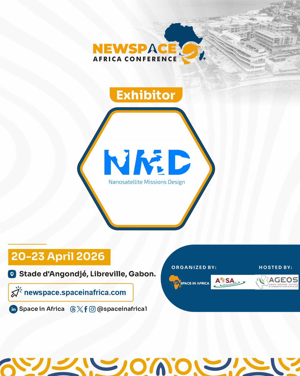 spaceinafrica1's tweet photo. We are pleased to announce NMD 🚀(Nanosatellite Missions Design) as an exhibitor! As the premier spacetech firm and satellite integrator in Francophone Africa, NMD has successfully trained over 200 Africans in satellite and space mission design.

#newspaceafrica2026 #nsac2026 https://t.co/oUHVtJqYCW