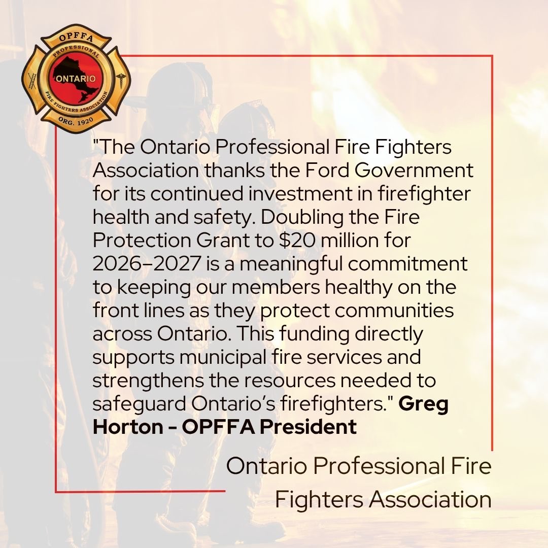 OPFFA welcomes today’s announcement that the Fire Protection Grant will double to $20M for 2026/27. This investment strengthens firefighter health &amp; safety and supports municipal fire services across Ontario.
Keeping firefighters safe means keeping communities safe.
#ONPoli