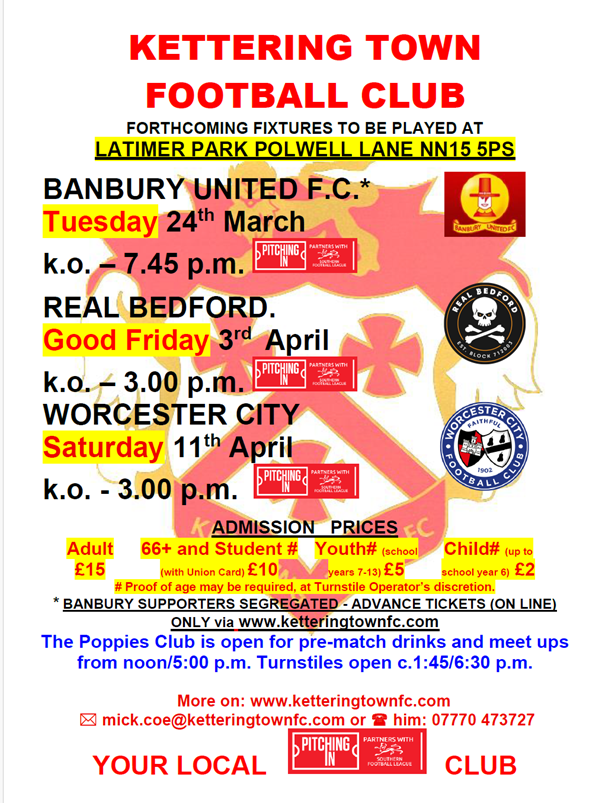KTFCOfficial's tweet photo. As we push for a playoff place we have two upcoming home run-in fixtures in March and early April at Latimer Park.

Get behind the Poppies and see you there!
#KTFC https://t.co/RmxCzLQFR1