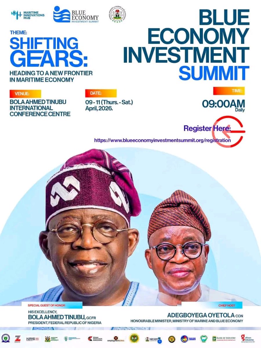 MMSharubutu's tweet photo. Nigeria, under President Bola Ahmed Tinubu’s administration, is opening new opportunities in the maritime sector, boosting innovation, investment, job creation, and sustainable economic growth beyond oil.

For this, we are excited to announce the Blue Economy Investment Summit 2026 (@blueeconomyIS).

This summit will bring together industry leaders, investors, and stakeholders to discuss policies, infrastructure, and partnerships shaping the future of the blue economy.

Be a part of history by joining the conversation.

Click the link below to register:
https://t.co/HTcO5jVC0d

#MaritimeInnovationsHub #BlueEconomyInvestmentSummit