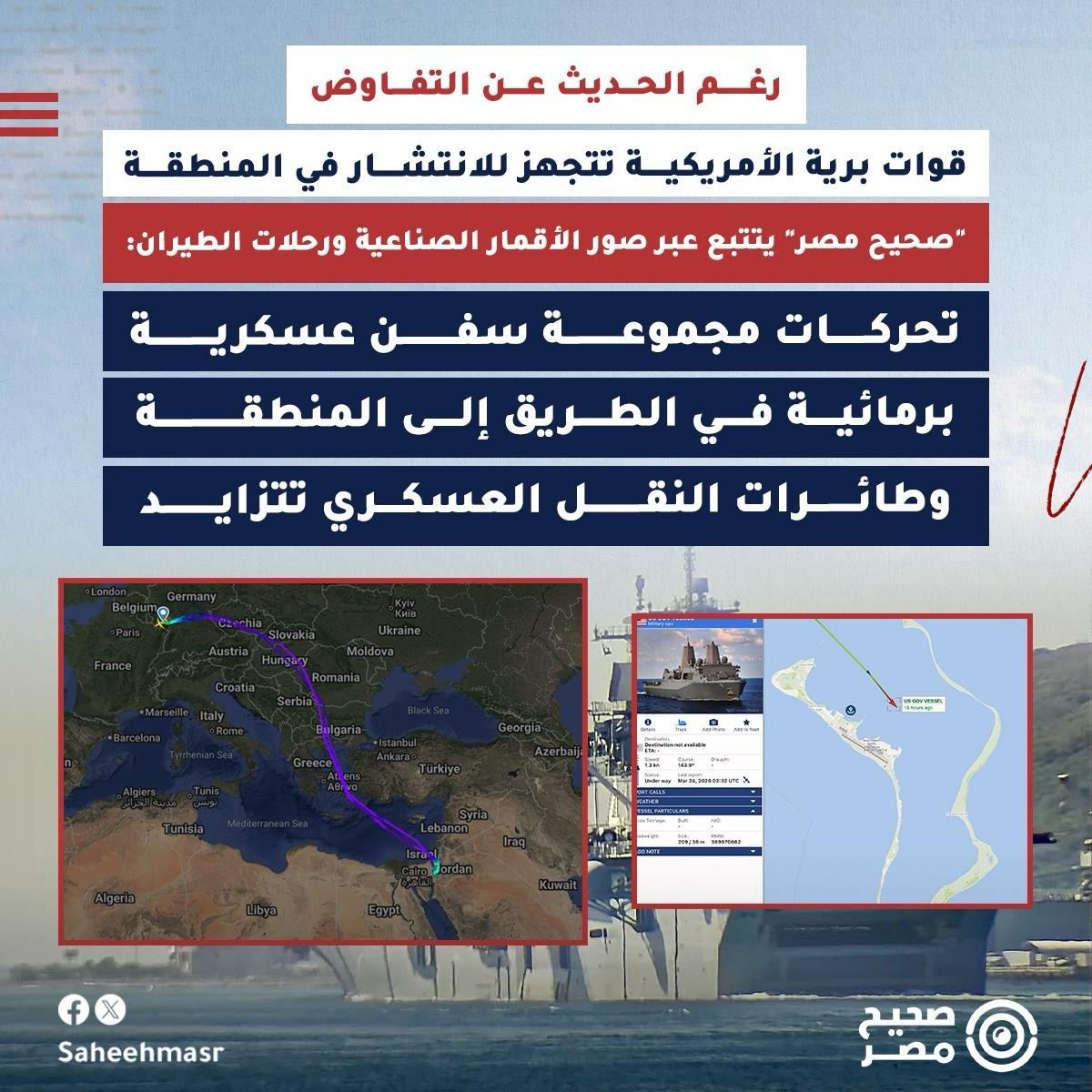 SaheehMasr's tweet photo. 🔴 خلال الأيام الماضية، أجرت الولايات المتحدة تحركات عسكرية واضحة تشير إلى إرسال قوات برية إضافية نحو المنطقة، في ظل تقارير متداولة عن احتمالية السيطرة على جزيرة خرج الإيرانية، شريان النفط الرئيسي للبلاد.

◾ ورغم الحديث المتكرر من الرئيس الأمريكي دونالد ترامب عن مفاوضات مع الجانب الإيراني، إلا أن ذلك تزامن مع قرب وصول مجموعة من السفن البرمائية -المخصصة للإنزال البري على الشواطئ- إلى الشرق الأوسط، وتحرك مجموعة أخرى مع أوامر بنشر عناصر من فرقة الإنزال الجوي الـ82 المحمولة جوًا.

⚠️ في التقرير التالي، يرصد "صحيح مصر" أبرز التحركات البحرية العسكرية الأمريكية وتفاصيلها، بالإضافة إلى رصد تزايد أعداد رحلات طائرات النقل العسكري الثقيل -التي قد تنقل جنودًا- المتجهة إلى القواعد القريبة في المنطقة قادمةً من الولايات المتحدة.

🔴 مجموعة سفن برمائية في طريقها للمنطقة

◾ في 20 مارس الجاري، أفادت صحيفة Stripes -التي لها تاريخ طويل يمتد لأكثر من 150 سنة في تقديم الأخبار للمجتمع العسكري الأمريكي- أن الولايات المتحدة أرسلت حوالي 2500 جندي من وحدة المشاة البحرية الاستكشافية الحادية عشرة (المعروفة باسم 11th MEU) المتمركزة في معسكر بندلتون قرب سان دييجو بولاية كاليفورنيا، إلى الشرق الأوسط.

◾ وتحركت هذه الوحدة مع مجموعة السفن البرمائية التي غادرت ميناء سان دييجو قبل موعدها المقرر سلفًا بثلاثة أسابيع.

◾ وتضم المجموعة البرمائية، السفينة الهجومية "يو إس إس بوكسر" (LHD-4) من فئة "واسب"، والتي غادرت ميناء سان دييجو في 18 مارس، وذلك حسب فيديو رصده "صحيح مصر" لكاميرا مراقبة في الميناء. 

◾ وقد أظهر آخر رصد للسفينة أنها تسير بسرعة إبحار تتراوح بين 18 و20 عقدة، ما يُرجّح أنها ستستغرق بين ثلاثة إلى أربعة أسابيع للوصول إلى المنطقة.

◾ وفئة "واسب" (Wasp) هي فئة من السفن الحربية الكبيرة التي تملك القدرة على حمل القوات البحرية ومروحيات الهجوم والمركبات البرمائية. وتعمل بمثابة قاعدة بحرية عائمة.

◾ كما رافقها سفينتا الإنزال البرمائي "يو إس إس بورتلاند" (LPD-27) و"يو إس إس كومستوك" (LSD-45)، بحسب بيانات السفينتين على موقع Cruising Earth. وهي قادرة جميعها على نقل الجنود والمعدات الثقيلة والمروحيات والطائرات ذات الإقلاع العمودي. [1]

🔴 سفينة أخرى على وشك الوصول

◾ سبق هذا التحرك، انطلاق السفينة البرمائية "يو إس إس تريبولي" (LHA-7) مع وحدة المشاة البحرية الاستكشافية الحادية والثلاثين (31st MEU) التي تضم حوالي 2200 جندي. 

◾ وغادرت السفينة اليابان في 11 مارس ووصلت مضيق ملقا في 17 من نفس الشهر، قبل أن ترصدها صور القمر الصناعي الصيني "ميزرافيجين" بالقرب من قاعدة دييجو جارسيا في المحيط الهندي يوم 23 مارس. وقد رجحت صحيفة "وول ستريت جورنال" وصولها للمنطقة يوم الجمعة 27 مارس.

◾ وبحسب رصد "صحيح مصر" عبر بيانات موقع "فيسيل فايندر" لرصد الملاحة البحرية، فإنه يرافقها في رحلتها السفينة "يو إس إس نيو أورليانز" (LPD 18)، والتي تمركزت على بُعد أمتار منها.

◾ ومن المتوقع أن تلتحق المجموعتان (بوكسر وتريبولي) ببعضهما ليصل إجمالي الجنود والعاملين على متن السفن إلى نحو 8000 شخص. وتحمل المجموعتان على متنهما طائرات طراز F-35B وهي مقاتلة شبحية متعددة المهام من الجيل الخامس، وتتميز النسخة B تحديدًا بقدرتها على الإقلاع القصير والهبوط العمودي.

◾ ولدى الولايات المتحدة بالفعل 50 ألف جندي منتشرين في أنحاء الشرق الأوسط، لكن معظمهم ليسوا وحدات مشاة مصممة لغزو دولة، بحسب تعبير صحيفة "تايمز". إذ تختلف وحدات المشاة البحرية الاستكشافية في أنها قوات هجوم برمائية تعمل انطلاقًا من البحر، وتنتشر في مواقع متقدمة.

◾ وتتألف من وحدات قتالية برية ومركبات مسلحة ومدفعية، ومروحيات وطائرات هجومية، ووحدة دعم لوجستي قتالي، وفريق قيادة. وقد استُخدمت في غزو أفغانستان عام 2001 والعراق بدءًا من عام 2003. [2]

🔴 قوات المجموعة 82 المحمولة جوًا

◾ في 25 مارس، أكد البنتاجون رسميًا نشر عناصر من فرقة الإنزال الجوي الـ82 ووحدات الدعم واللواء القتالي الأول إلى الشرق الأوسط. وتتراوح التقديرات بين 1000 جندي في البداية قد ترتفع إلى رقم يتراوح بين 2000 و4000 جندي. 

◾ وهذه الفرقة متخصصة في الإنزال الجوي بالمظلات وتنتمي إلى "قوة الاستجابة الفورية" التابعة للفرقة، القادرة على التعبئة في غضون 18 ساعة للتوجه إلى أي نقطة في العالم. وقد أصدرت الأوامر أن يبدأ الانتشار الأولي -الذي يشمل قائد الفرقة وطاقم القيادة- خلال أسبوع.

◾ وقد لفتت "وول ستريت جورنال" إلى أن آلاف من جنود مشاة البحرية الأمريكية سيصلون إلى القيادة المركزية في نفس يوم الموعد النهائي الذي حدده ترامب لإيران بشأن فتح مضيق هرمز.

◾ ومع وجود ما يقرب من 50 ألف جندي أمريكي بالفعل كجزء من الحرب مع إيران، يعني ذلك أن إجمالي الجنود قد يرتفع إلى نحو 60 ألف. [3]

🔴 تعزيزات جوية عبر طائرات النقل العسكري.

◾ تشير بيانات تتبع الرحلات الجوية العسكرية إلى نشاط مكثف لطائرات النقل الأمريكية من طراز Boeing C-17 Globemaster III المخصصة لنقل العتاد العسكري الثقيل والجنود، خلال الفترة الأخيرة، في إطار جسر جوي يمتد من الولايات المتحدة إلى المنطقة مرورًا بأوروبا.

◾ وبحسب الرصد الذي أجراه "صحيح مصر" بين يومي 25 و26 مارس، فقد استمر نشاط طائرات الشحن الثقيل بوتيرة مرتفعة، إذ رصدنا ما لا يقل عن 6 طائرات طراز C-17 خرجت من قواعد أوروبية واتجه أغلبها نحو إسرائيل.

◾ وقد أقلعت طائرة تحمل الرقم التسجيلي 93-0602 يوم 25 مارس من قاعدة رامشتاين في ألمانيا صوب إسرائيل، وهو نفس المسار الذي اتبعته تقريبًا الطائرة 00-0176 ولكنها خرجت من قاعدة "بيتبورج" في ألمانيا قبل أن تطفئ جهاز الإرسال في البحر المتوسط.

◾ وتقع قاعدة "بيتبورج" بالقرب من حدود لوكسمبرج وبلجيكا، وكانت قاعدة عسكرية أمريكية سابقة. كما اتبع ذات المسار الطائرة تحمل الرقم 07-7183.

◾ فيما خرجت الطائرة 96-0002 من جيتشوف في بولندا نحو إسرائيل، أما الطائرة التي تحمل رقم 08-8202 فقد أقلعت من قاعدة "سبانجداهليم" في ألمانيا، وهي قاعدة تابعة لسلاح الجو الأمريكي في أوروبا، وتُعتبر من القواعد الاستراتيجية لعمليات الدعم والتعزيز الجوي.

◾ وأجرت الطائرة RCH271 برقم تسجيلي 06-6159، رحلة من قاعدة "ماكجواير-ديكس-ليكهرست" المشتركة في الولايات المتحدة قبل أن تتوقف في إحدى القواعد الألمانية ثم تتجه إلى إسرائيل كذلك. [4]

#صحيح_مصر

📨 لو عندك تصريح، خبر، بوست أو تغريدة عايز تتأكد من دقته ومدى صحته.. فريق صحيح مصر على استعداد لتلقي رسائلكم واستفساراتكم عن أي معلومة مشكوك في صحتها، عبر رسائل الصفحة أو على الايميل info@saheeh.news