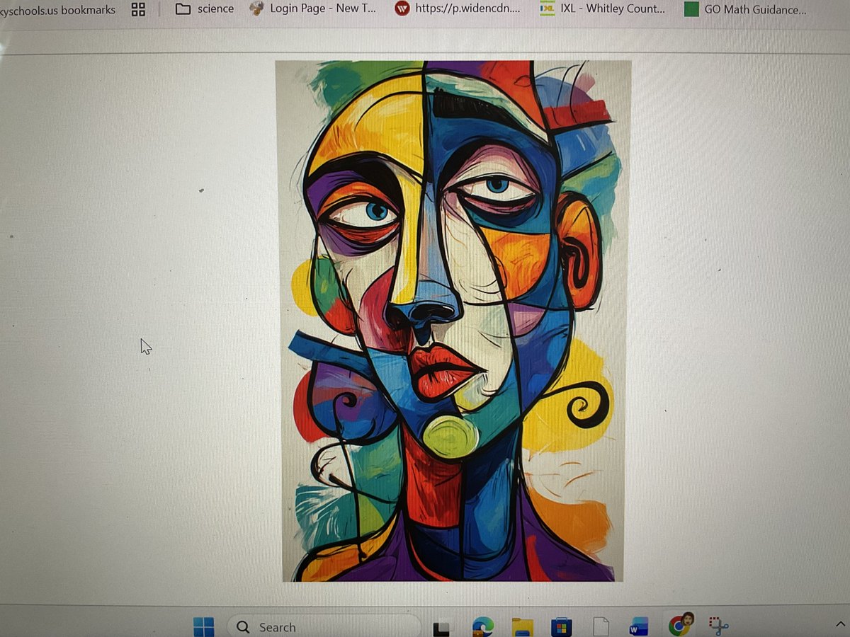 cimoses's tweet photo. I attended a session back in January with Patricia @BryantWeiner about using AI for art. Today I put that learning to use as my students used AI to turn their Picasso style cubism portrait drawings into digital art using AI. Here is one example. Thanks @KedcARTS and @KEDCGrants https://t.co/Ga8V2TAAI0