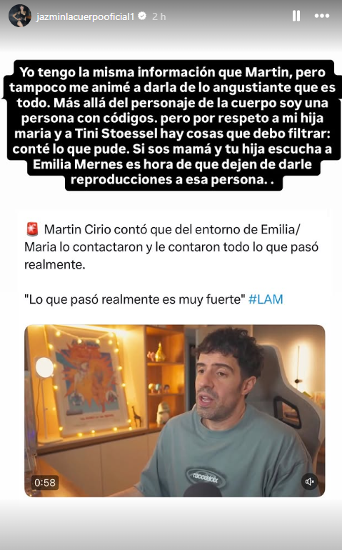 "Si sos mamá y tu hija escucha a Emilia Mernes, es hora de que dejen de darle reproducciones a esa persona": "La Cuerpo" aseguró que tiene "la misma información que Martín Cirio" y advirtió que "Emilia y Duki la van a pagar y van a tener una condena social".