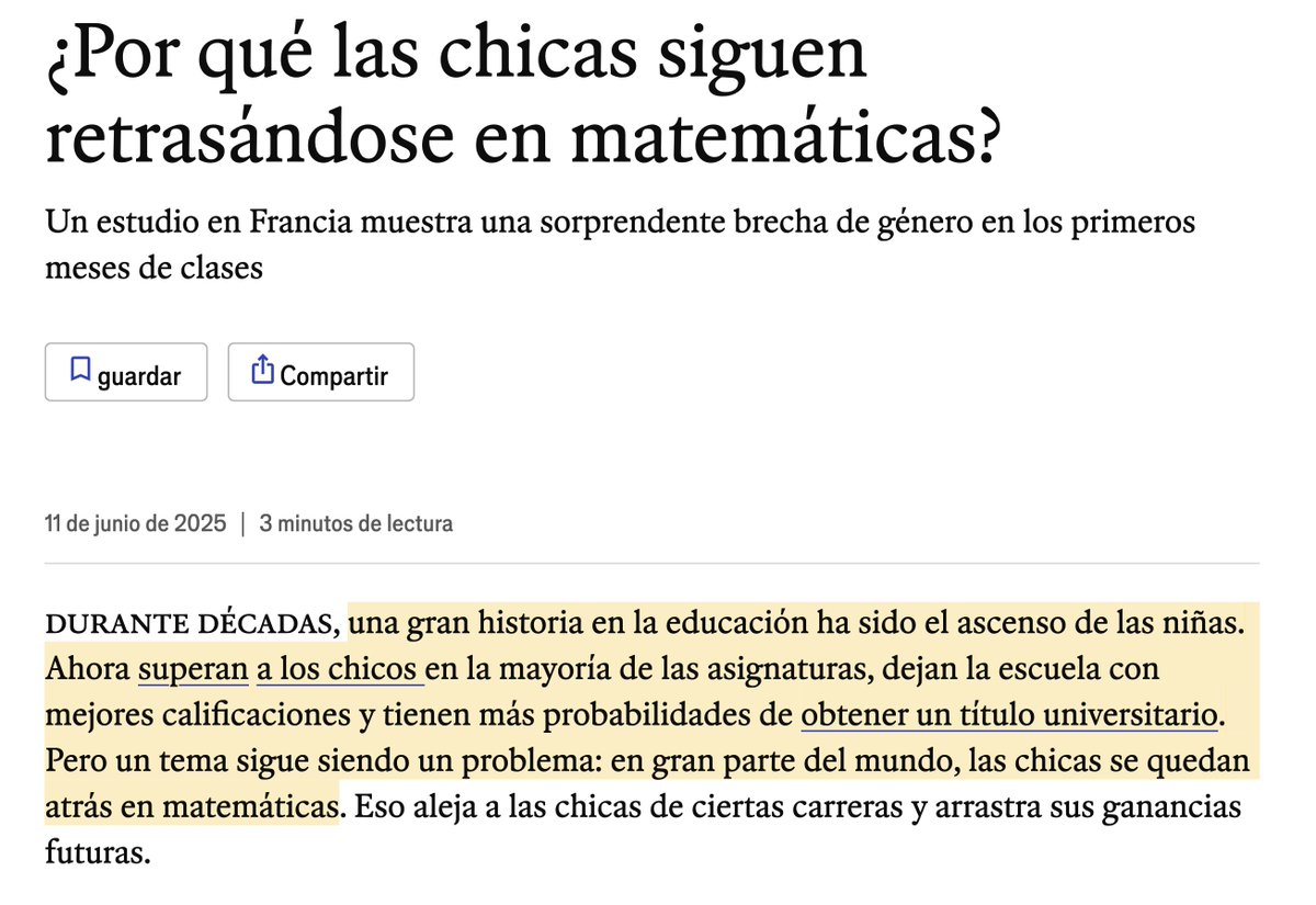 The Economist describe el hecho de que las chicas superan a los chicos en la mayoría de las materias como «el ascenso de las chicas» (connotación positiva/triunfo). Cuando los chicos destacan en una sola materia (matemáticas), el término empleado es «problema».