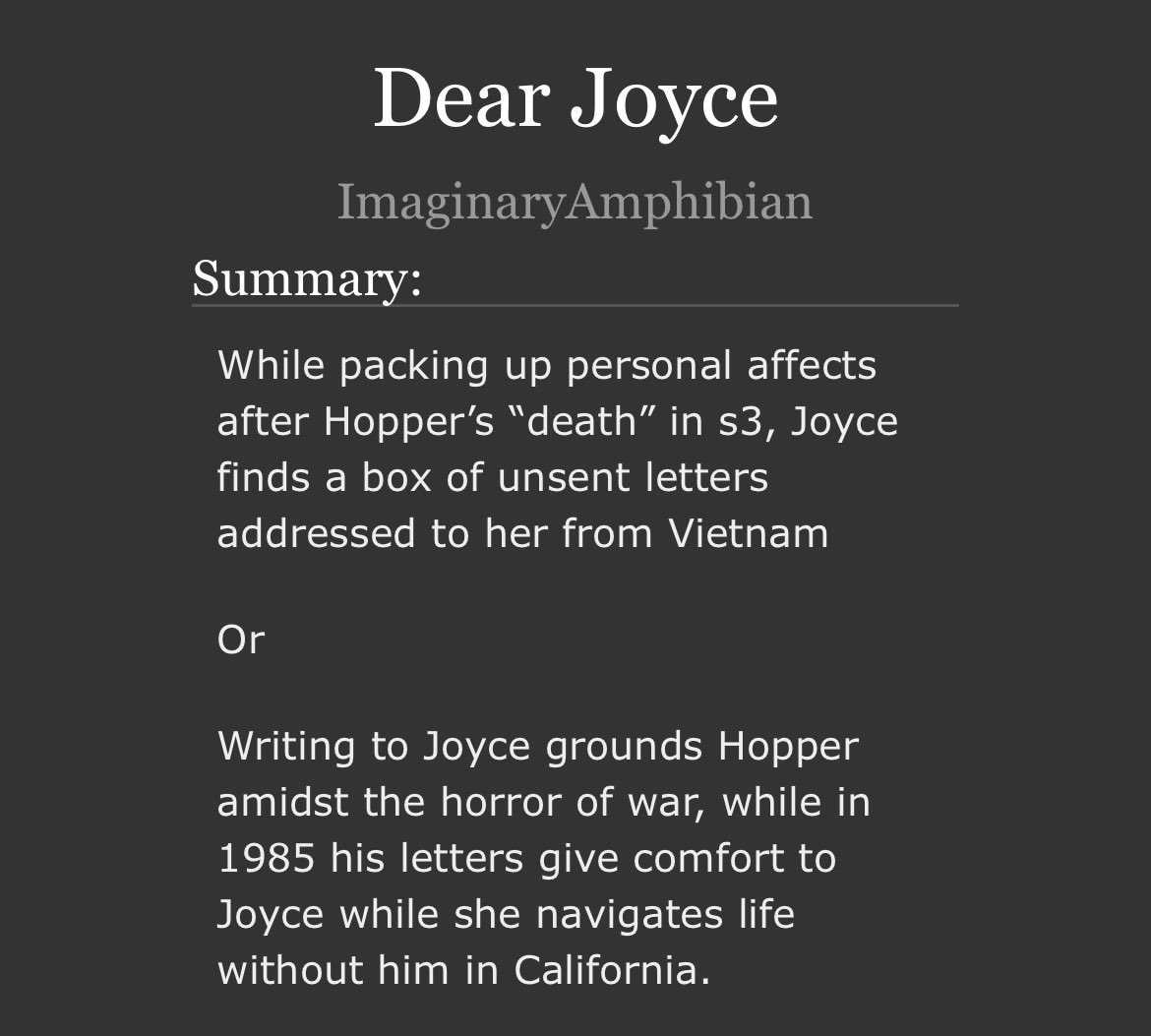 ImagAmphibian's tweet image. “Dear Joyce,
I don’t know if I’ll ever send this, but I figured if there was anyone I’d write to it would be you… I’m sorry I left you behind.”

Chapter 3 of “Dear Joyce” is out now

archiveofourown.org/works/81079966  #Jopper