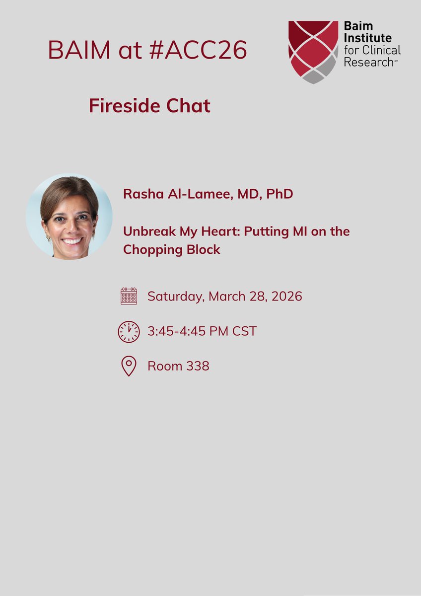 CMichaelGibson's tweet image. Reminder to catch Baim faculty, @rallamee at her Fireside Chat today at #ACC26. 

#BaimInstitute #ClinicalResearch #Cardiology