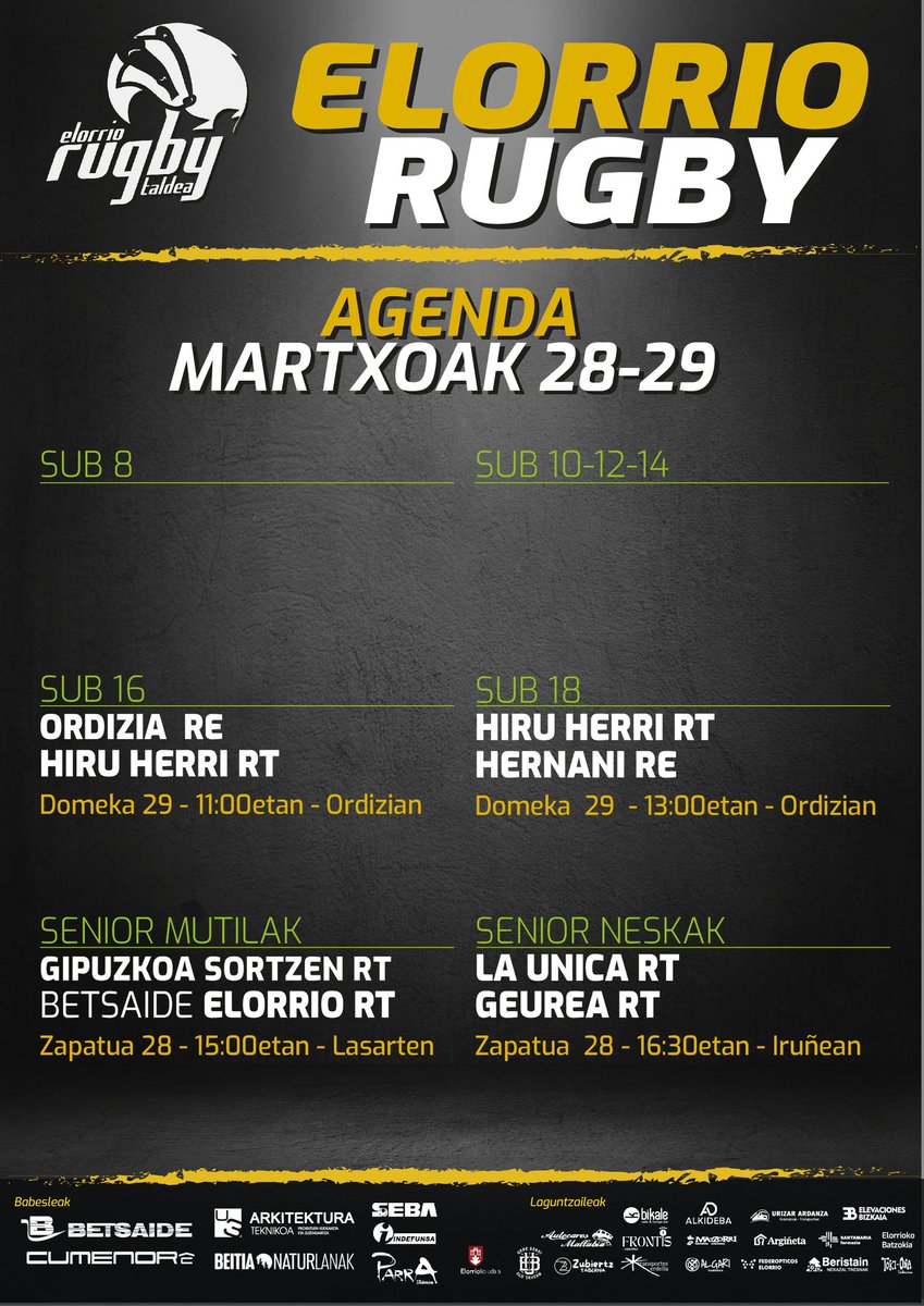 ElorrioRugby's tweet photo. Asteburuko partiduak!!
Asteburu honetan ez ditugu etxean partiduak eukingo. Sub 14 eta sub 16ak Ordizin jolastuko dute.
Senior mutilek Lasarten jolastuko dute.
Senior neskek Iruñan!!

Partiduen oztean guztioak batera korrikara batuko gara!! https://t.co/LuTG8z3zuM