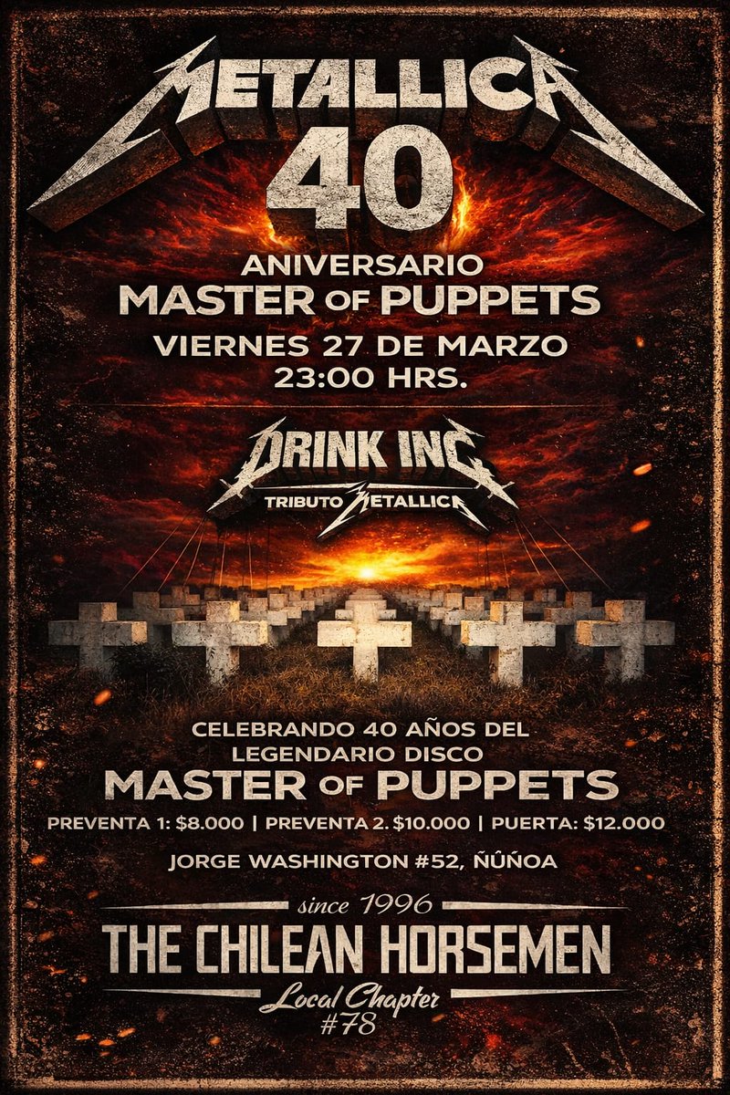 chileanhorsemen's tweet image. Y porque toda celebración merece su fiesta... nos encontramos mañana junto a los muchachos de #Drinkink  celebrando los 40 años de #MasterOfPuppets 

◽️Entrada liberada para Soci@s c/membresía al día

◽️Preventa
scl.tickethoy.com/entradas-music…

C_Ya💥
#TheChileanHorsemen
#LocalChapter78