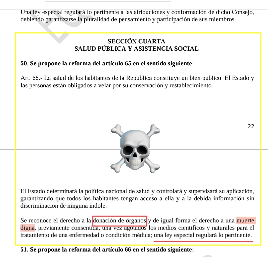 🤔Lo preocupante es que en El Salvador está latente la propuesta de reforma a la Constitución sobre la Eutanasi4 🤷🏻‍♀️, por parte del Ejecutivo.

⚠️Art. 65: "Se reconoce el derecho a la dọnación de órganọs, y de igual forma el derecho a una muert3 digna, previamente consentida..."