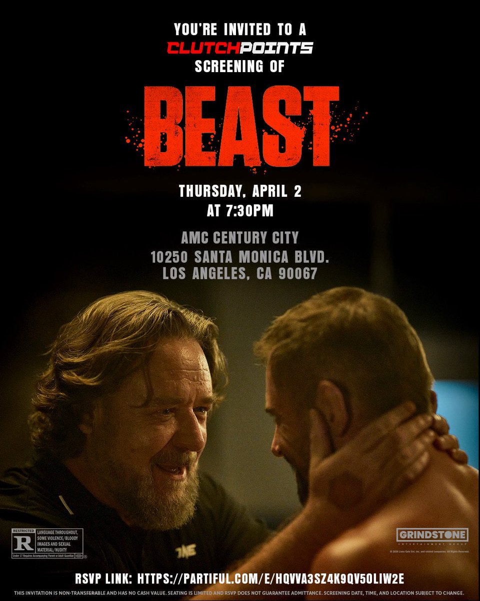 ClutchPoints's tweet photo. LA, you ready? 🍿

We’re hosting an exclusive, early-access screening of BEAST on Thursday, April 2 at 7:30PM!

BEAST follows a once-feared MMA champion who, after years away from the cage, is pulled back in for the fight of his life when his younger brother is put in danger. The @Lionsgate film stars Daniel MacPherson, Luke Hemsworth, and Russell Crowe.

Admission is first come, first served to the first 120 people in line. Don't be late! #BeastMovie

RSVP now via our Partiful event 👉 https://t.co/5ZP7cgp5Kg