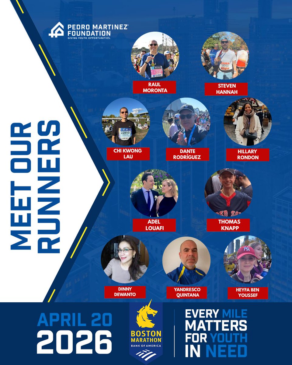 PMFKids's tweet photo. We’re getting closer!!
Our amazing runners are ready to represent the Pedro Martínez Foundation at the Boston Marathon!

-RAUL MORONTA
-STEVEN HANNAH
-CHI KWONG LAU
-DANTE RODRÍGUEZ
-HILLARY RONDON
-ADEL LOUAFI
-THOMAS KNAPP
-DINNY DEWANTO
-YANDRESCO QUINTANA
-HEYFA BEN YOUSSEF https://t.co/9DGPprw5Qq