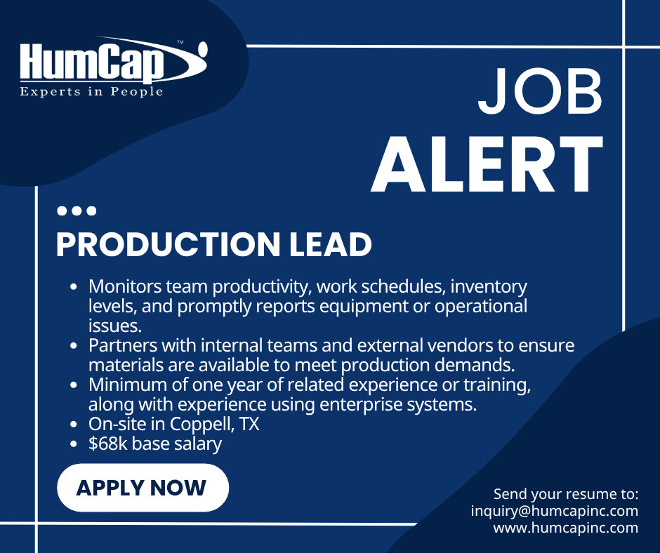 HumCapLP's tweet photo. #HiringNow – Production Lead!
HumCap’s client is seeking a motivated Production Lead to oversee operations and coordinate with internal and external teams. Ready to lead from the floor? Apply now! https://t.co/ZjbFdgZiUt #dfwjobs #lifeathumcap https://t.co/O0LGDVax7Q