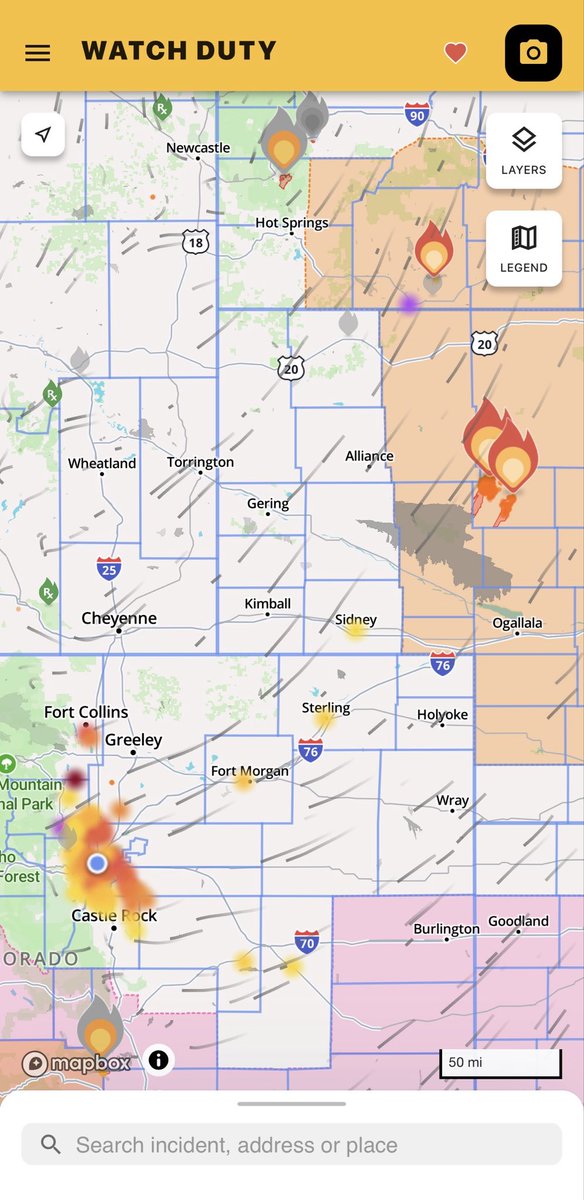 StupidGenius8's tweet photo. @SouthMetroPIO Watch Duty map showing Ashby Fire and Minor Fire in Nebraska, currently just under 50,000 acres total. Winds sweeping South West into Denver. AQI levels are worsening from east to west over Denver, with extremely Hazardous levels in Longmont. Expect worsening conditions. https://t.co/NlnW2bVQGf