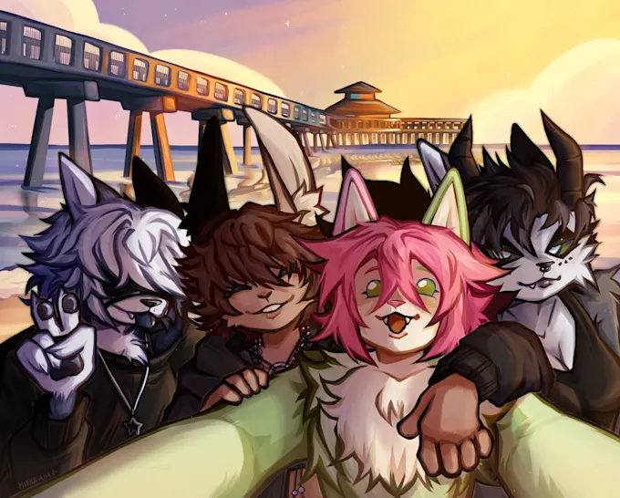greaturchman's tweet photo. Sunset vibes with the pack
Chaos, laughter, and memories we won’t forget.    (C.O)
.
#furry #furryart #furryfandom #anthro #anthroart #fursona #furryfriends #squadgoals #groupart #canine #catfur #hybrid #digitalart #cuteart #friendship #goodvibes #sunset #piervibes #artwork https://t.co/xblLJ66PDa