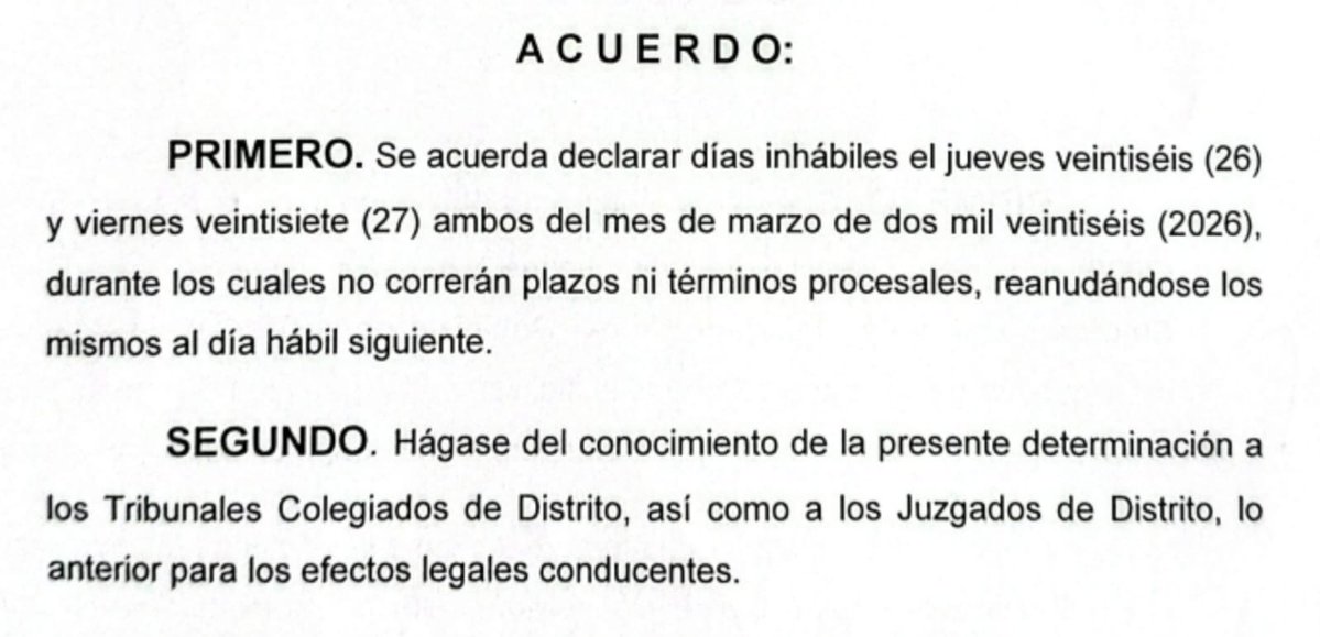 Acuerdo del Pleno del <a href="/TFCA_mx/">Tribunal Federal de Conciliación y Arbitraje</a> en el que se declaran días inhábiles jueves 26 y viernes 27 de marzo de 2026, durante los cuales no correrán plazos ni términos procesales.
