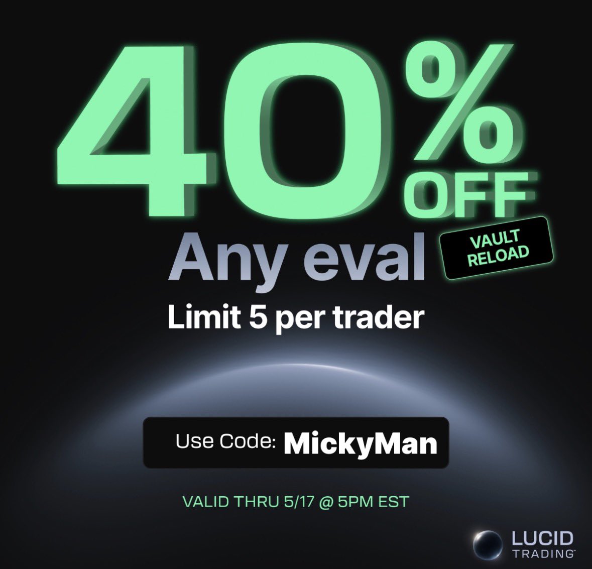 Mickymantrading's tweet photo. It’s back. 

## 5 Fresh 40% Off Eval Uses in Everyone's Vault

That old 40% off sale was collecting dust. So we blessed and refreshed all of your vaults with 5 more uses.

Head to your dashboard and use promo code Mickyman.

https://t.co/RWVZEmdLnB https://t.co/GPOciBvO6Q