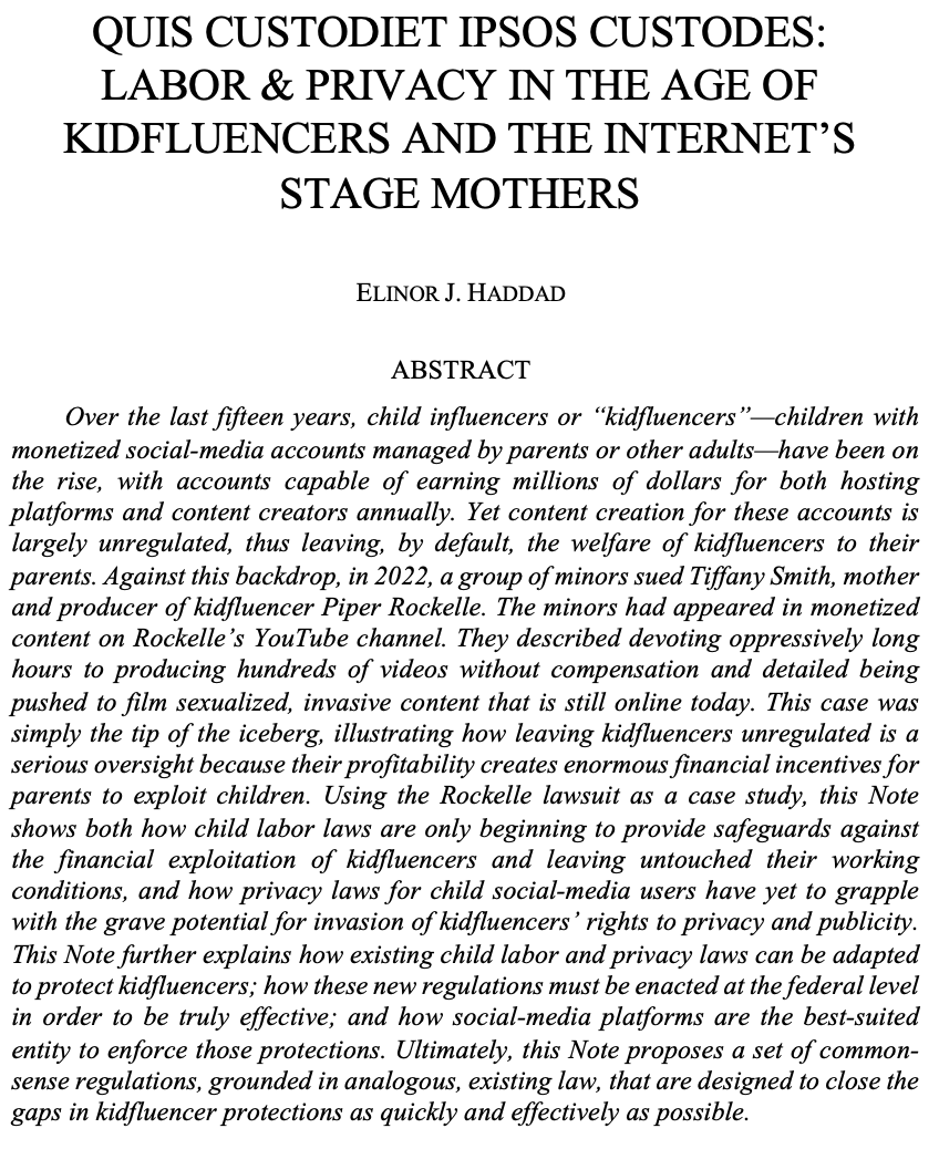 SCalLRev's tweet photo. Presenting “Quis Custodiet Ipsos Custodes: Labor &amp; Privacy in the Age of Kidfluencers and the Internet’s Stage Mothers" by our Executive Postscript Editor Elinor J. Haddad. Read more here: https://t.co/wj2DTkZIQN https://t.co/JgnEabTuD9