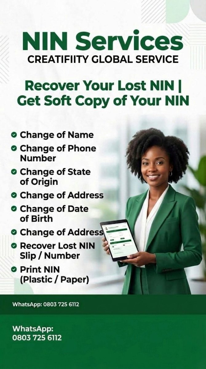 creatifiity's tweet image. 📌 Fix Your NIN Without Stress!

We handle all NIN updates and correctio:

✅ Name changes

✅ Phone number updates

✅ Date of birth corrections

✅ Lost or damaged NIN plastic/ Slip 

Lets help you out : linktr.ee/Creatifiity
#nimc #nin #scuml  #affidavit