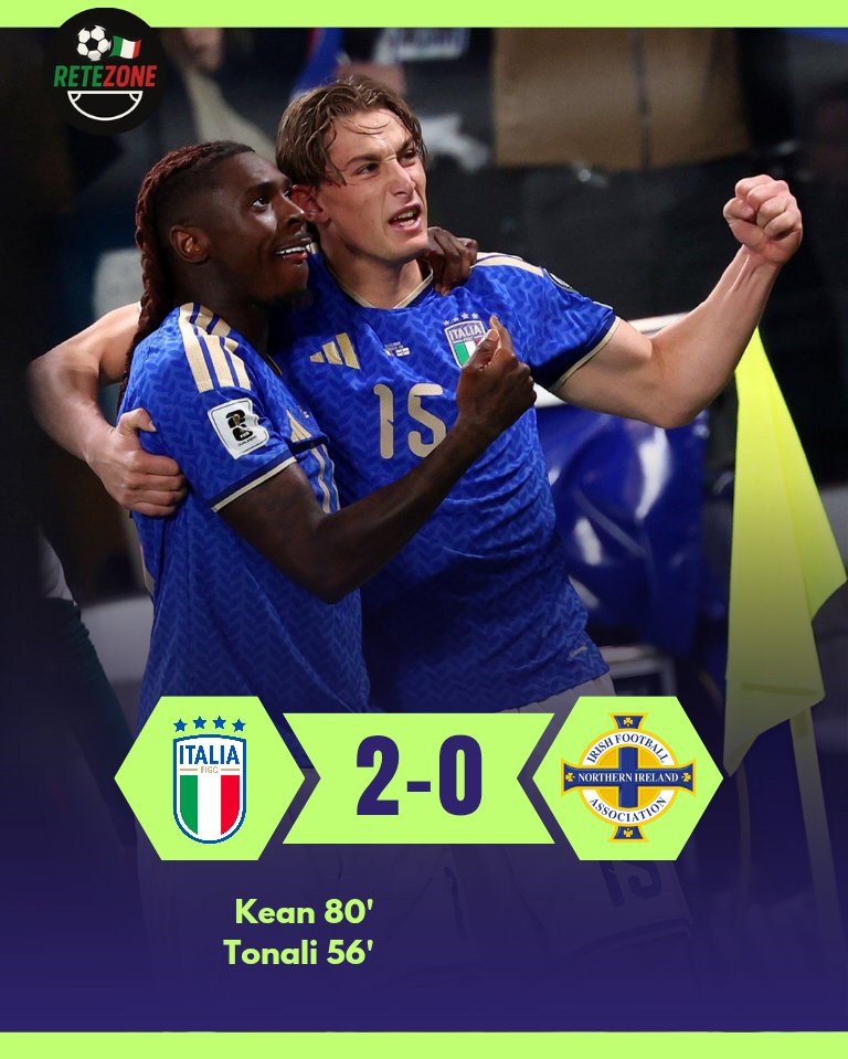 ReteZone's tweet photo. 🇮🇹🔵 FT: Italy 2-0 Northern Ireland 
Tonali and Kean🎯. Job not finished: one more game with Wales or Bosnia on Tuesday 😤.
#Nazionale #Azzurri #WorldCup https://t.co/B0SXqH3xIF