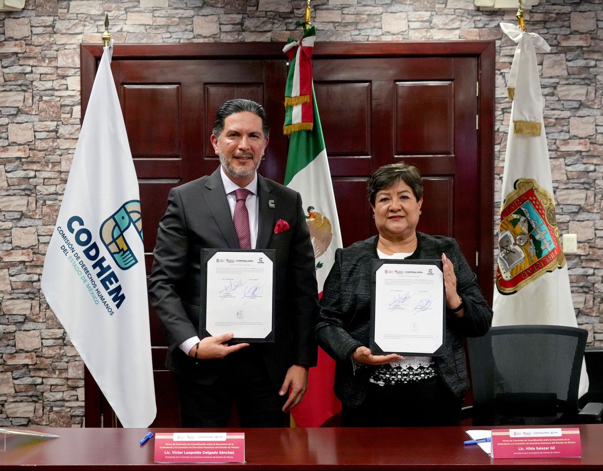 CODHEM's tweet photo. La #CODHEM y la Secretaría de la @ContraloriaGEM firmaron un Convenio de Colaboración para fortalecer acciones orientadas a la transparencia, la rendición de cuentas y la prevención de prácticas que vulneren los #DerechosHumanos en el servicio público. https://t.co/GoI2uOlU73