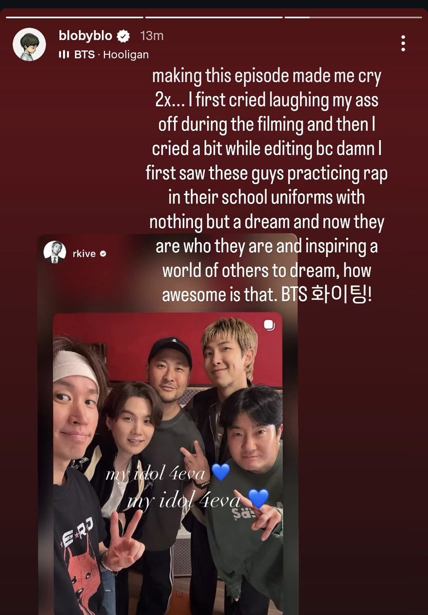 에픽하이 타블로님 인별🌟
instagram.com/stories/blobyb…

" 요번 에픽카세 에피소드는 날 2번이나 울게 만들었어요. 그들과 촬영하면서 눈물 나게 너무 웃겨서 울고... 

두번째는 촬영분 편집하면서 또 울었어요.

이 녀석들을 처음 봤을때가 교복입고 랩 연습하던 꿈만 가지고 있던 시절이였는데..